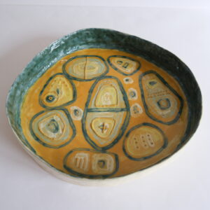 Avebury large flat dish slip decorated earthenware in teals and yellows